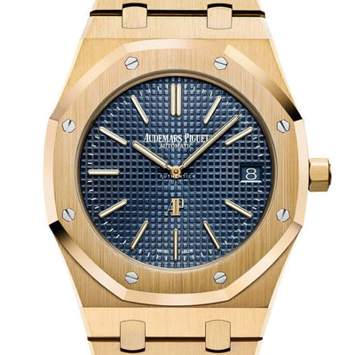 Yellow Gold Audemars Piguet Jumbo Extra Thin Luxury Watch With Blue Dial