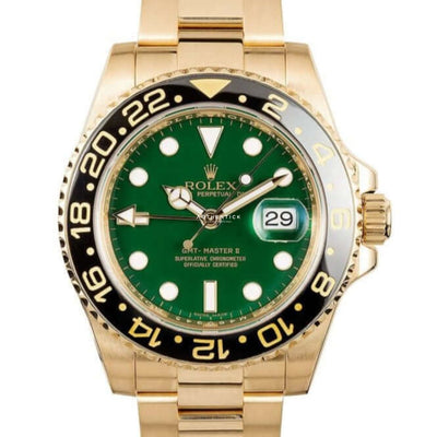 Rolex Gmt-master Ii Yellow Gold Green Dial Luxury Watch.