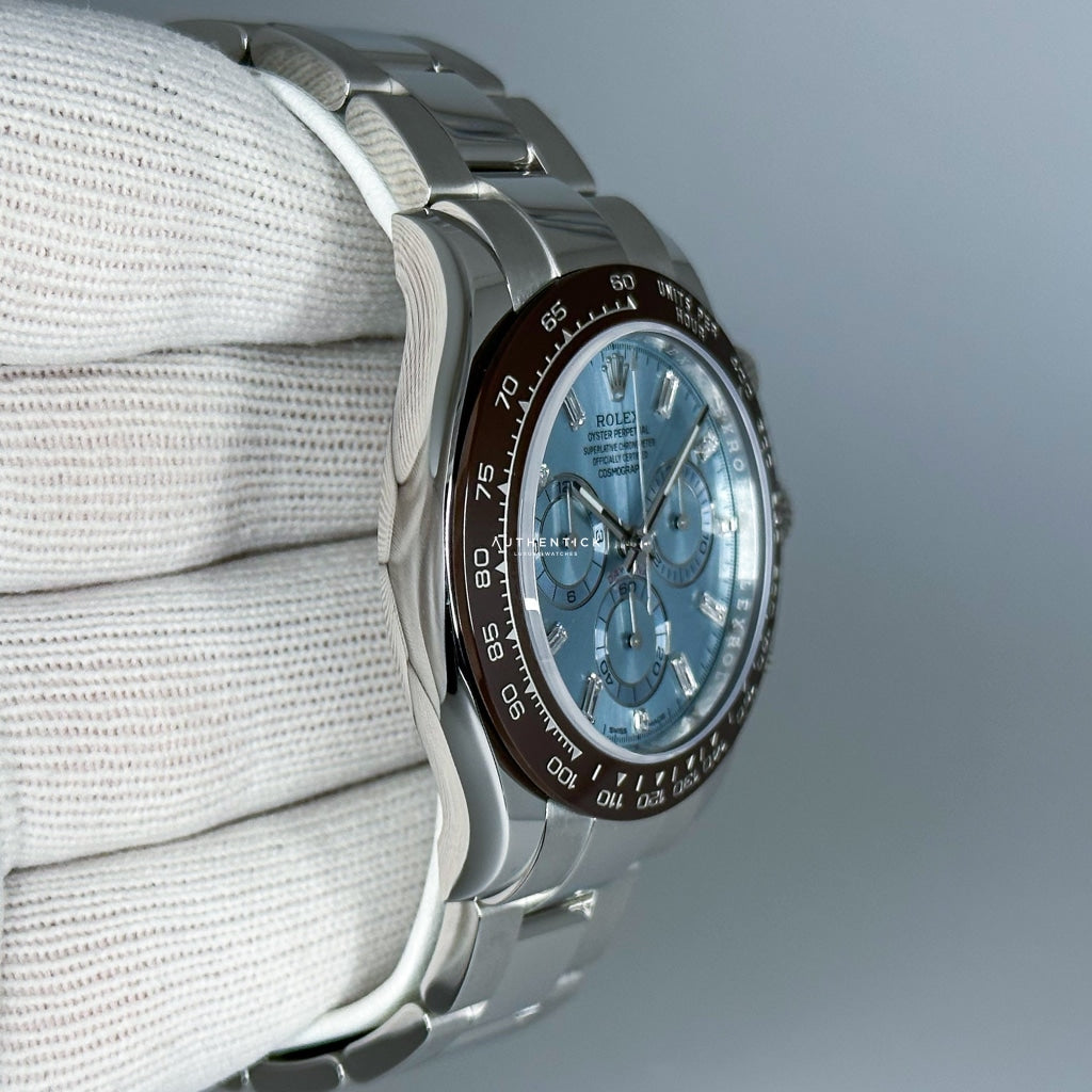 ekspertise frisk Svaghed Rolex Cosmograph Daytona Platinum Ice Blue Baguette Dial 116506-0002