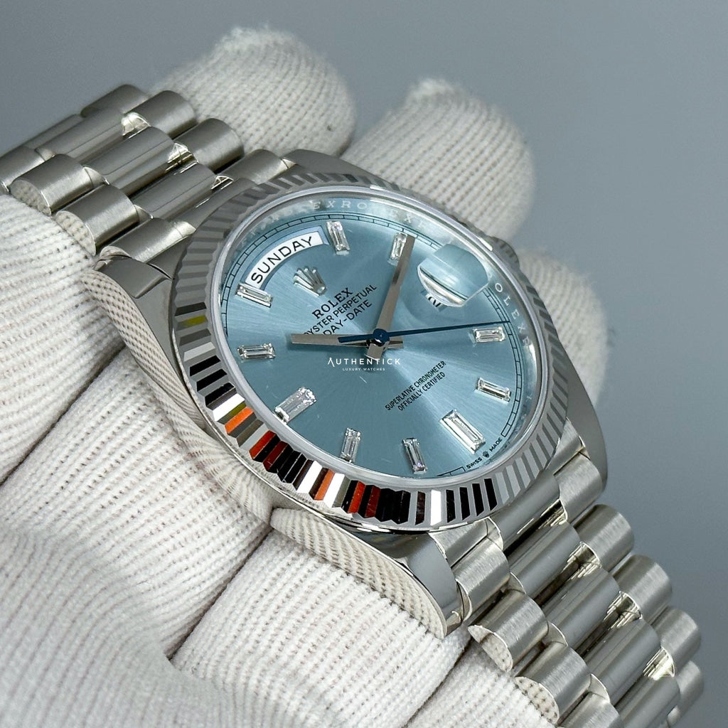 Rolex Day Date 40 Platinum Ice Blue Baguette Dial 228236 Rolex day date 40 platinum ice blue baguette dial 228236